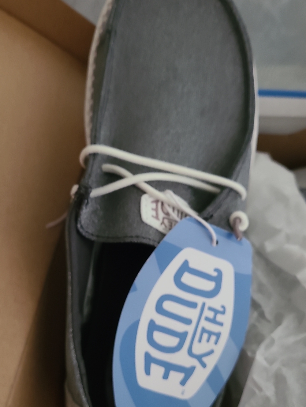Hey Dude WomensGray Slip-On Moccasins with White Lace